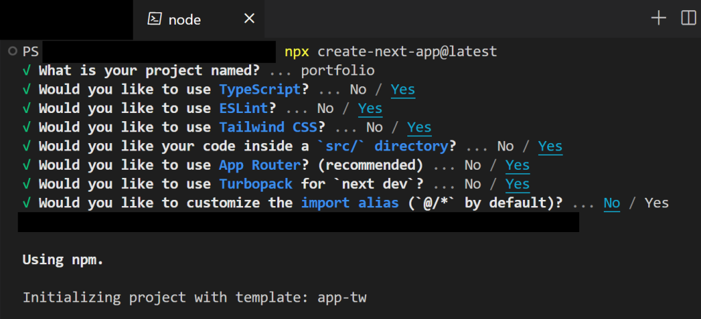 プロジェクト作成コマンドの実行結果